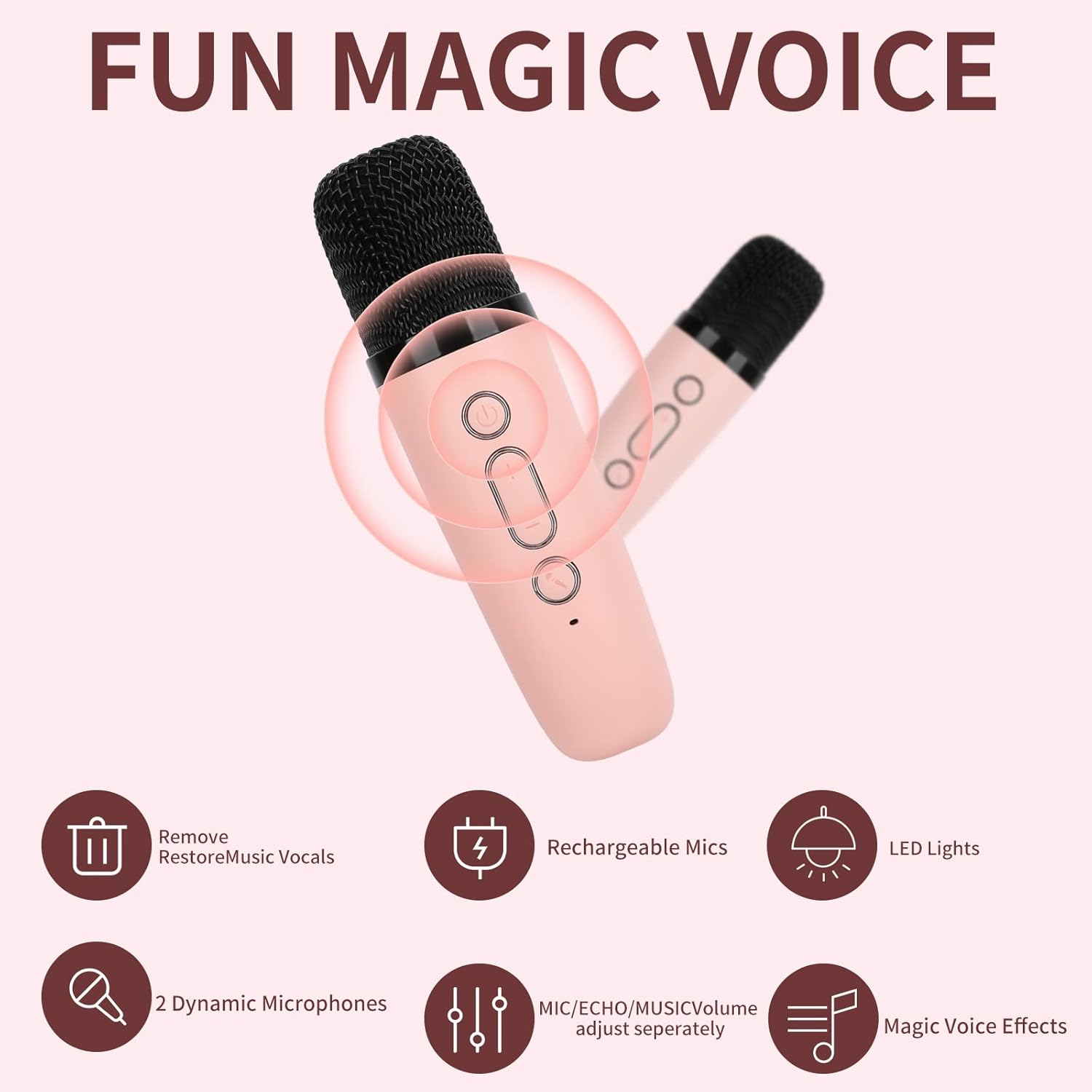 Mini Karaoke Machine for Kids, Portable Bluetooth Speaker with 2 Wireless Microphone for Adults with Led Lights, Karaoke Gifts for Girls and Boys Birthday Home Party(Pinkcolor)