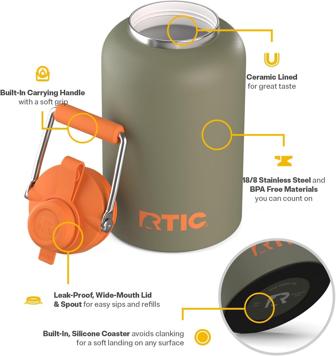 RTIC 1 Gallon Outback Jug, Stainless Steel, Ceramic Lined Insulated Water Bottle with Lid and Handle, BPA-Free, Double Wall Vacuum Insulation, Trailblazer - Image 3
