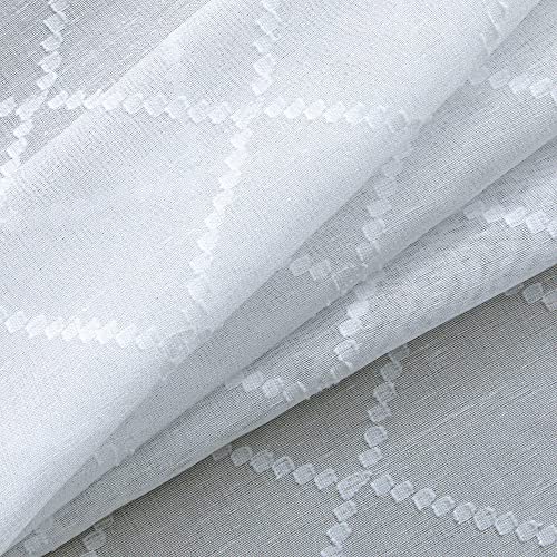 Textured Sheer Curtains 84 Inch Length For Bedroom 2 Panels Set Rod Pocket Geometric Trellis Lattice Pattern Design Light Filtering Semi Sheer Embroidered Curtain & Drapes For Living Room Window White #TOP3