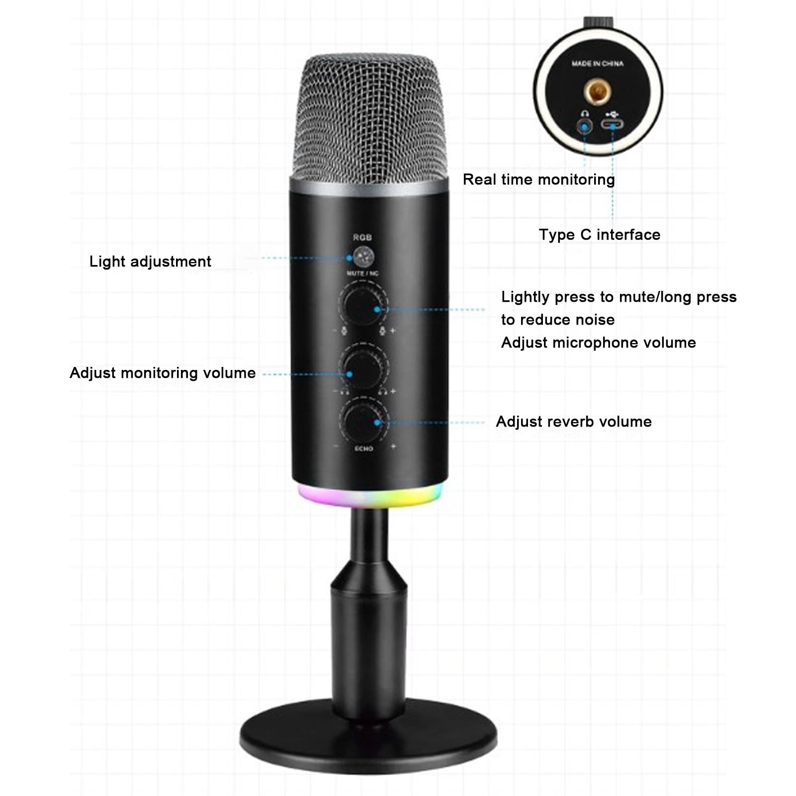 Mikrofon USB, Dźwięk HiFi, Mikrofon do Gier, Pojemnościowy Mikrofon Komputerowy, Komputer PC ze światłem RGB, Regulacja Wzmocnienia Mikrofonu, Mikrofon do Nagrywania na żywo dla