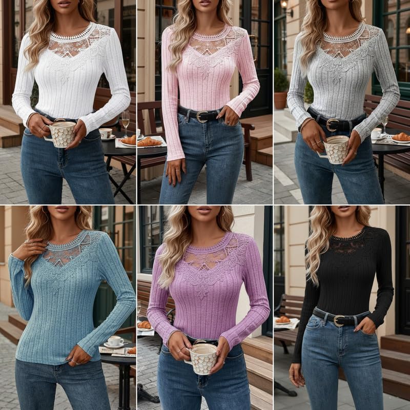 Women's Sexy Lace Tops Dressy Casual Long Sleeve Crewneck Slim Fit Kint Shirts Spring Outfit Clothes - Image 3