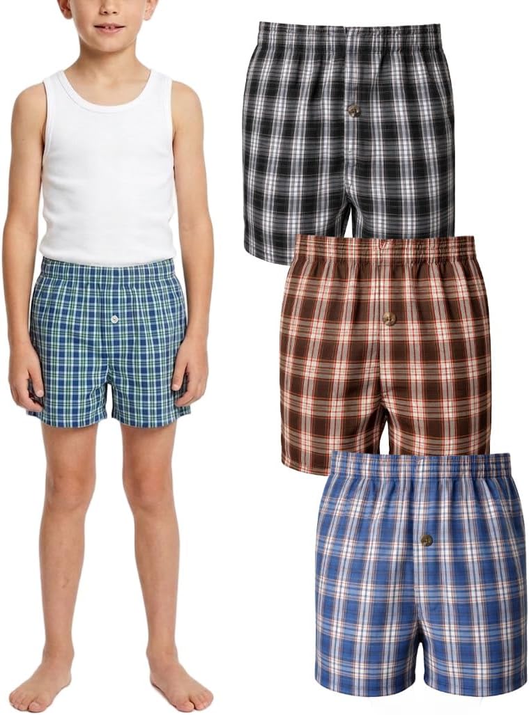 Boys 3 Pack Plaid Cotton Blend Woven Comfort Kids Youth Boxer Shorts