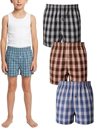 Boys 3 Pack Plaid Cotton Blend Woven Comfort Kids Youth Boxer Shorts