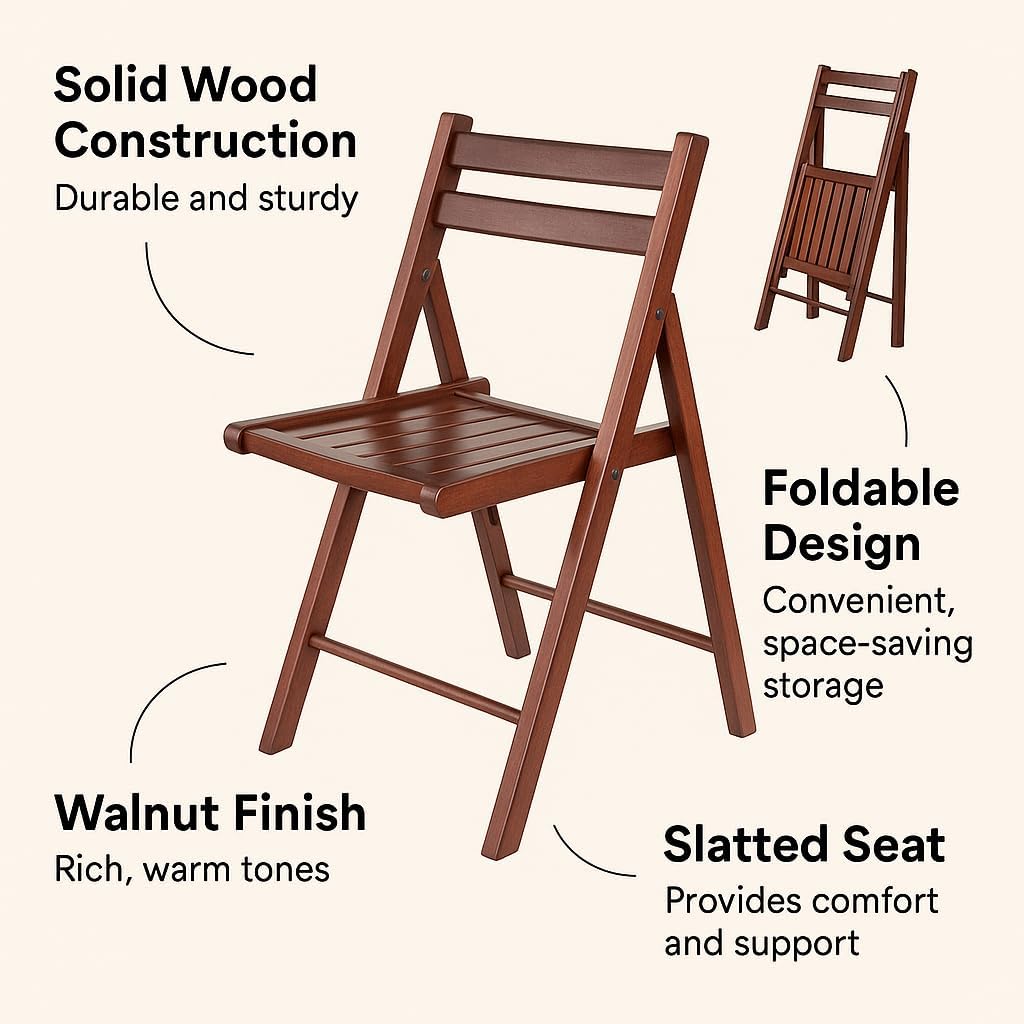 Ergode Robin 4-Piece Folding Chair Set, Solid Wood, Walnut Finish, Compact and Comfortable Seating for Dining or Events