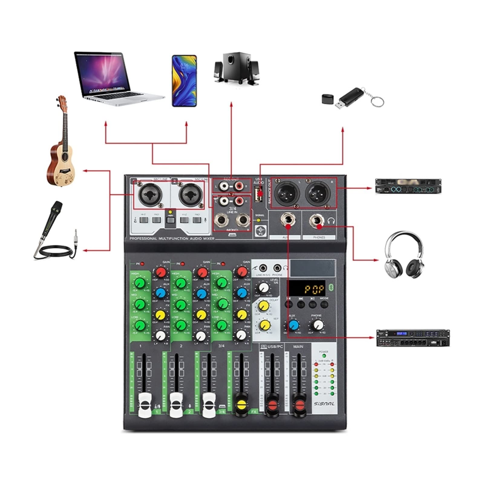 Mixer DJ, Mixer Console di missaggio compatibile con Professionale buona sensibilità USB Record Mini DJ Board