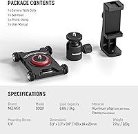 Vista 7 de NEEWER Camara deslizante Dolly con cabeza esférica y abrazadera para teléfono, 4 ruedas de mesa Dolly Patinador manual con panorama de 360°