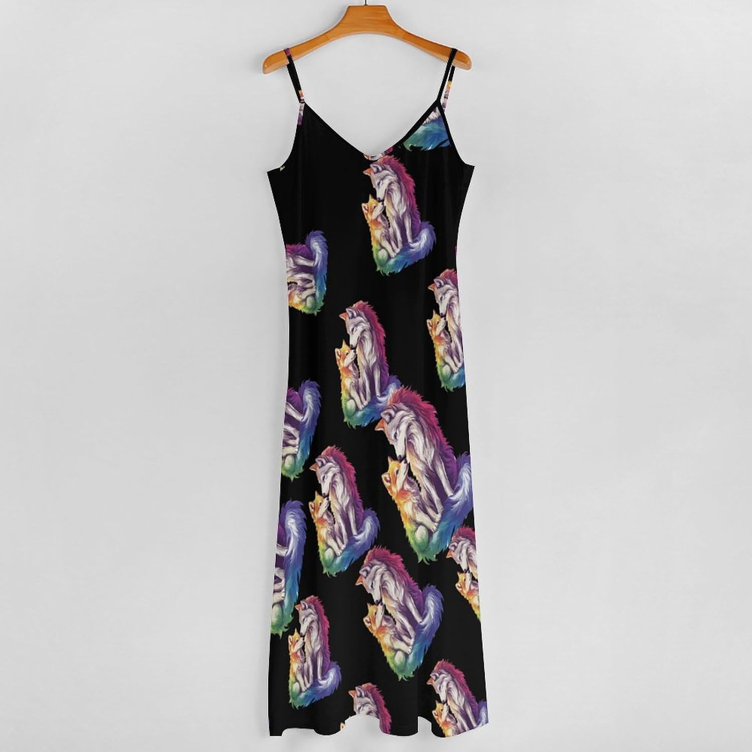 Colorful Wolf Family Maxi Dresses for Women V Neck Long Dress Sundress Spaghetti Straps Beach Dress