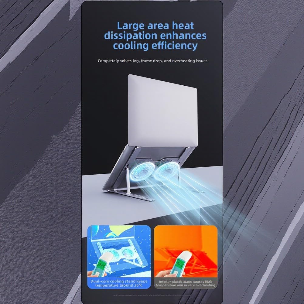 Supporto di raffreddamento ergonomico portatile con doppia ventola regolabile in altezza angolo in lega di alluminio leggero base antiscivolo luce RGB per ufficio, gaming, viaggi, argento