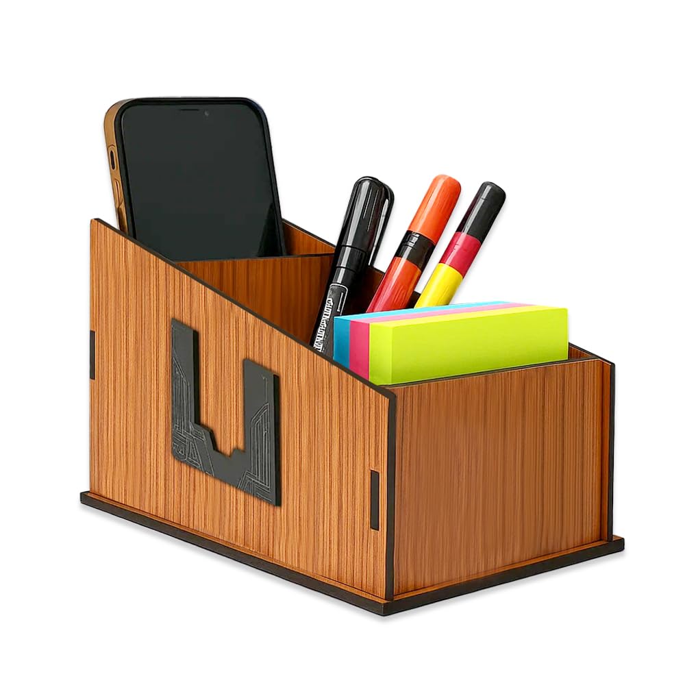 GLUN® Multipurpose Wooden Finish Office Desk Stand, 3 Compartment Pen, Business Visiting Card & Mobile Holder For Office Table or Home Use