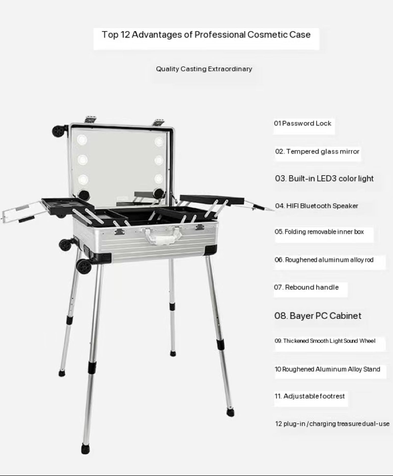 Profesjonalna kosmetyczka z 8 diodami LED, stojak teleskopowy, uniwersalna kosmetyczka na kółkach, wózek podróżny z zamkiem szyfrowym TSA (SILVER 22INCH)