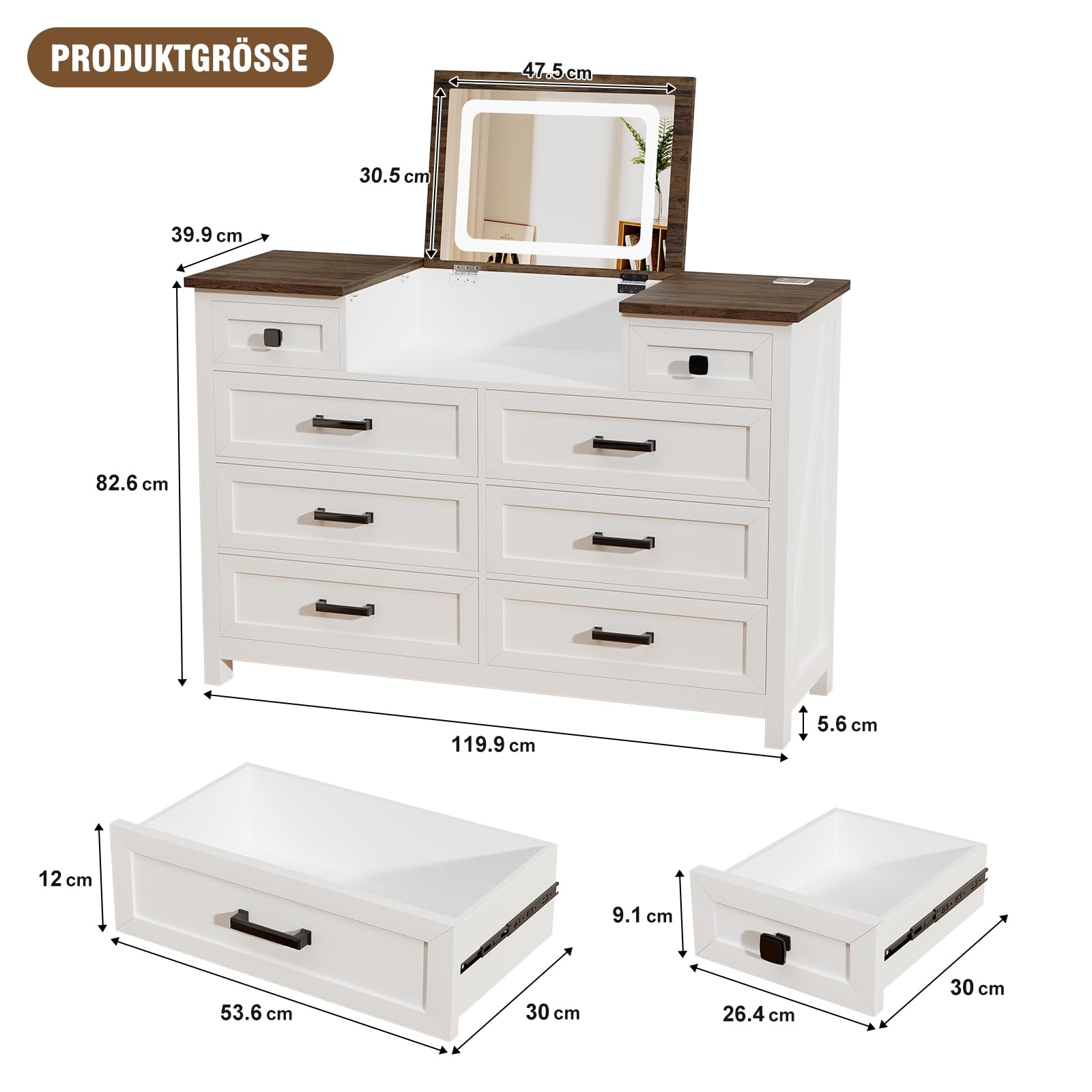 BROTTAR Kommode mit 8 Schubladen und LED Spiegel, Komodenschrank mit Ladestation, Kommode Weiß für Schlafzimmer Wohnzimmer für Kleidung, Dokumente, Spielzeug, 120x40x83cm