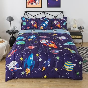 lishjekee 6Pieces Space Twin Comforter Boys Galaxy Planets Bedding Set | Outer Space Comforter Set Twin 6pcs Space Universe Rocket Bed Sets Microfiber Bed in A Bag for Kids Teens Bedroom Decor