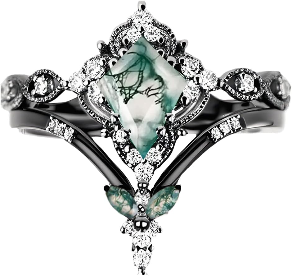 Midari Moss Agate Ring Set for Women 925 Sterling Silver Gold Engagement Rings Kite/Round/Hexagon/Pear/Oval Cut Moss Jewelry with Moissanite Customizable Bridal Wedding Ring Set Gift for Wife