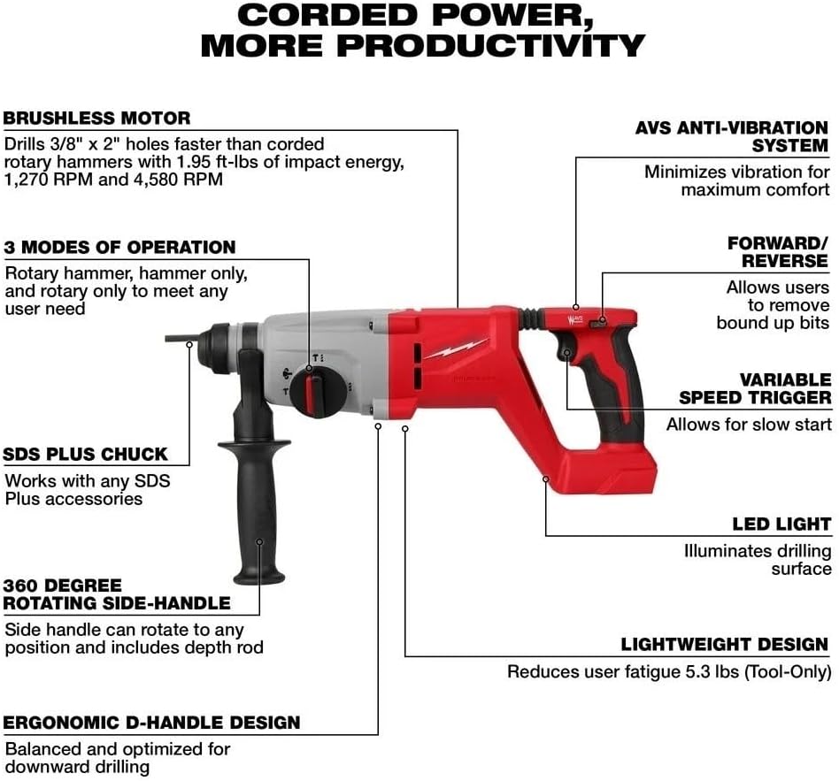 2613-20 Cordless Rotary Hammer for Milwaukee M18 18V Brushless 1" D-Handle Rotary Hammer - Bare Tool