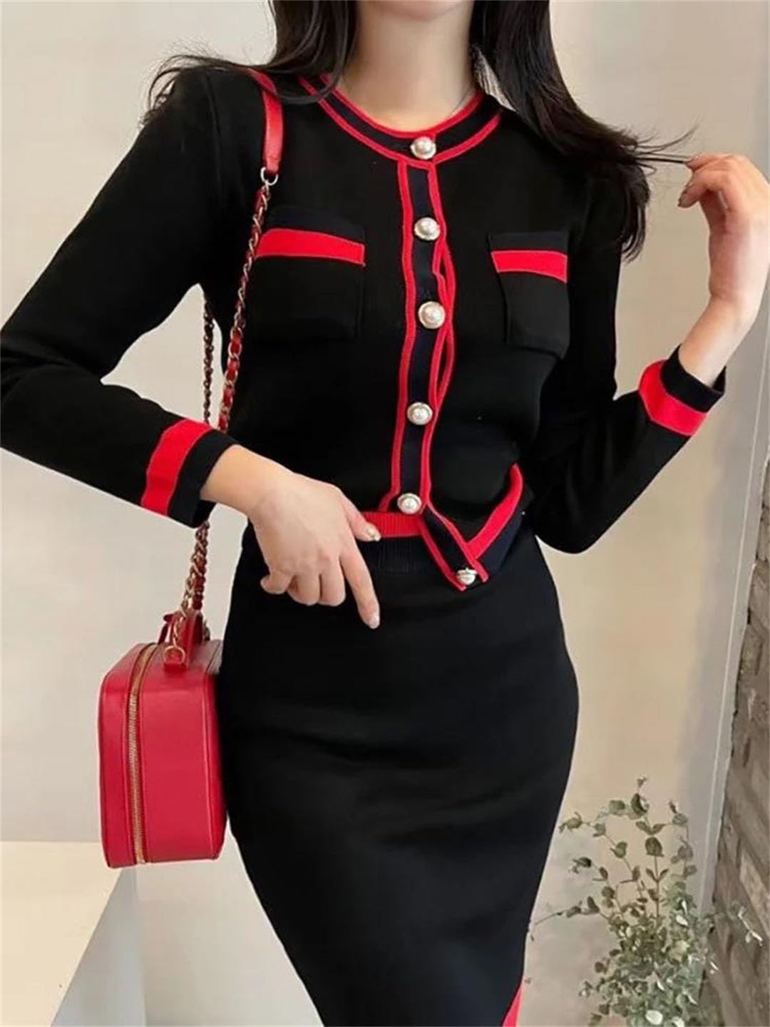 Set gonna da donna a maniche lunghe, tasche + gonna al ginocchio a vita alta in maglia, 2 pezzi