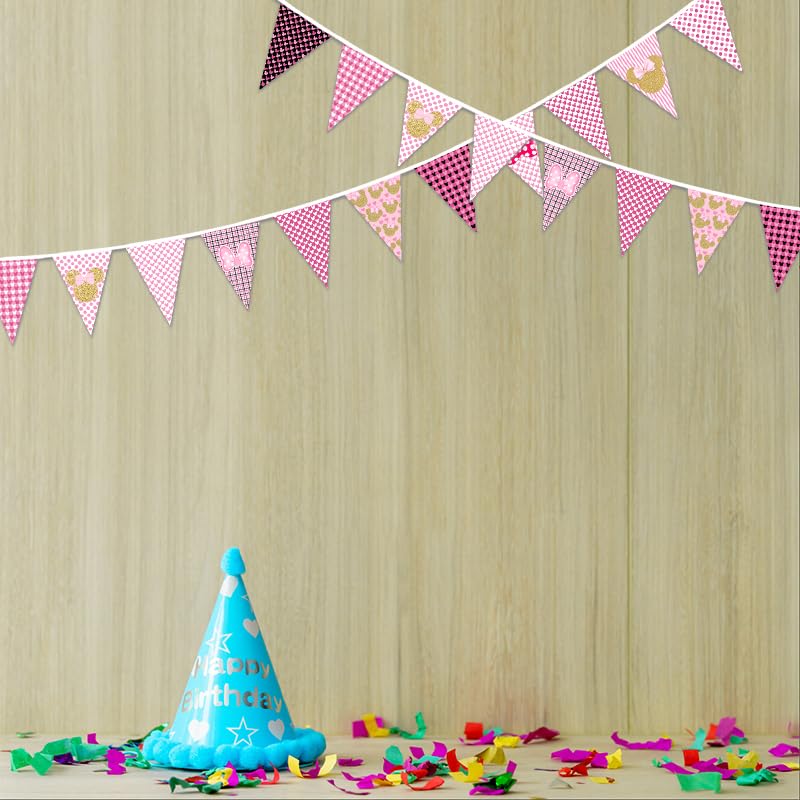 Image of Dis-ney Iconic Minnie Banner Birthday Party Decorations Pink Mouse Bday Banner for Girls, Pink And Gold Minnie Themed Mouse Inspired Happy Bday Decors, Bday Party Yard Sign