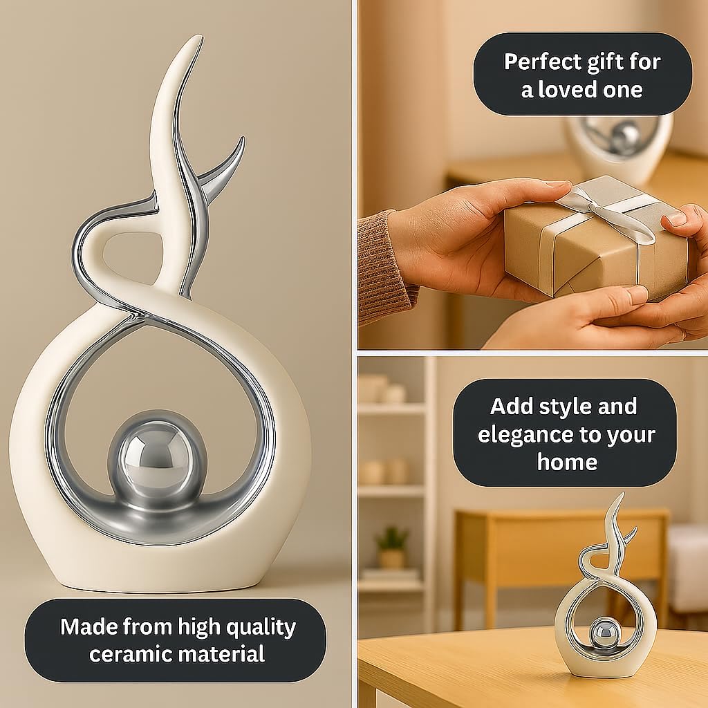 White & Silver Abstract Ceramic Ornament – Modern Decorative Sculpture for Living Room, Shelf & Coffee Table Decor – Minimalist Home Décor Accent, Table Centerpiece Gift