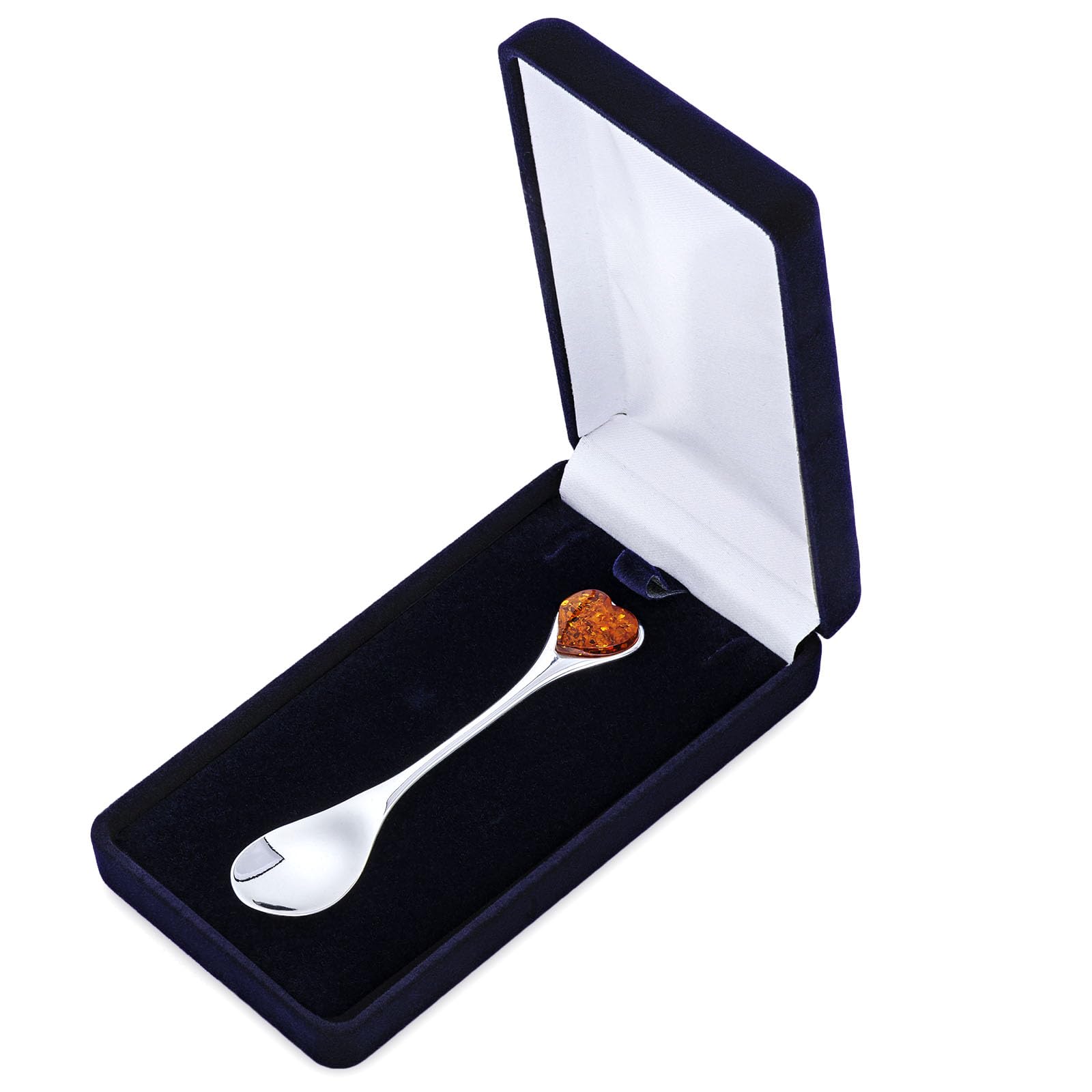 Cuchara tamaño M, plata de ley pulida con corazón de ámbar báltico, cuchara mediana de plata con corazón de ámbar, regalo para bautizo, boda, aniversario, cumpleaños, aniversario