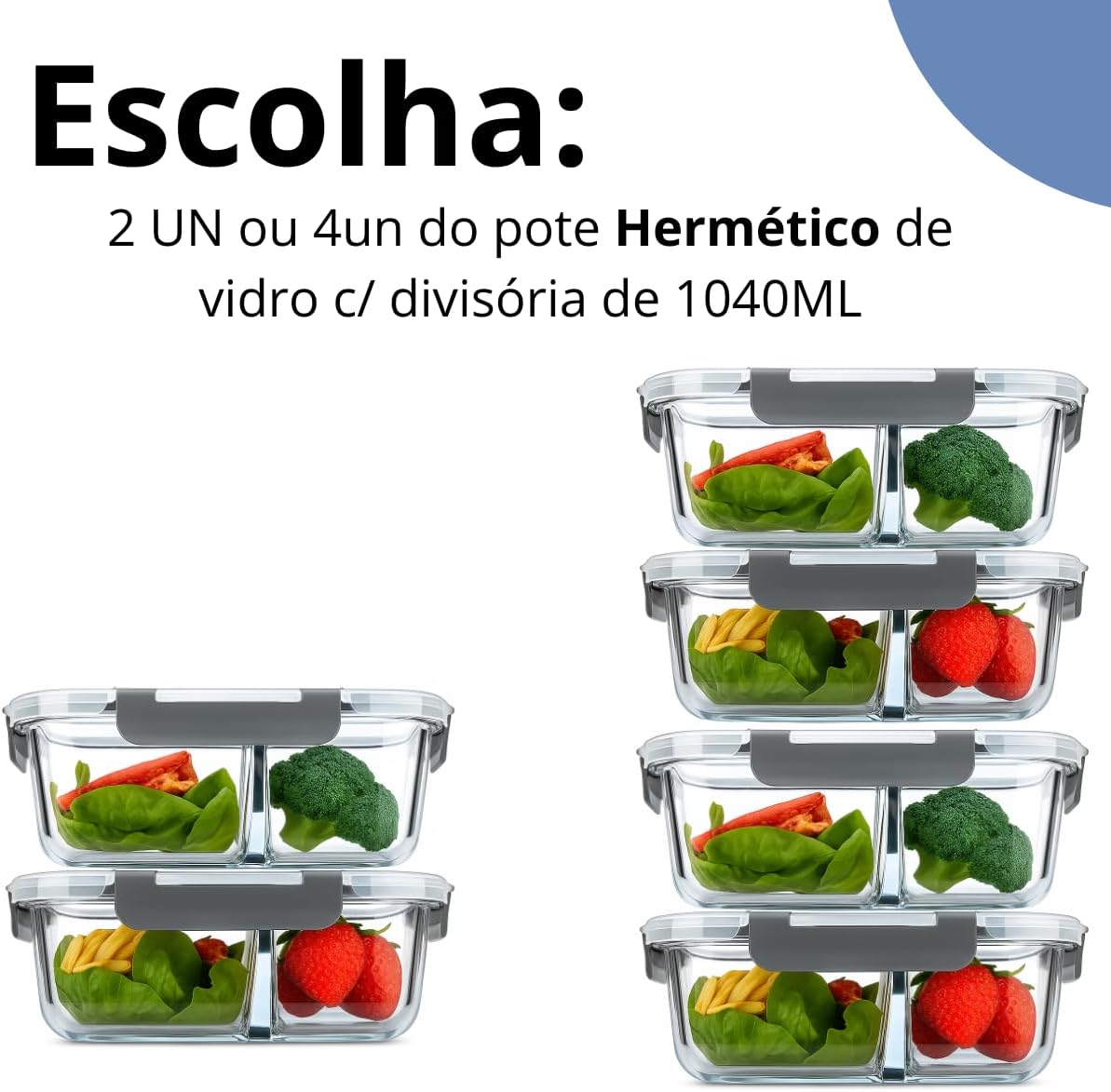 Kit 2 Potes de Vidro Retangular Hermético com Tampa e Divisória 1040ML - Armazenamento Seguro e Conservação de Alimentos - Organizador para Cozinha e Produtos Secos