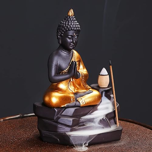 Miniatura 3 de Golden Buddha - Quemador de incienso zen, soporte para incienso árabe, cascada de humo, estufa oriental de aromaterapia decorativa (B)