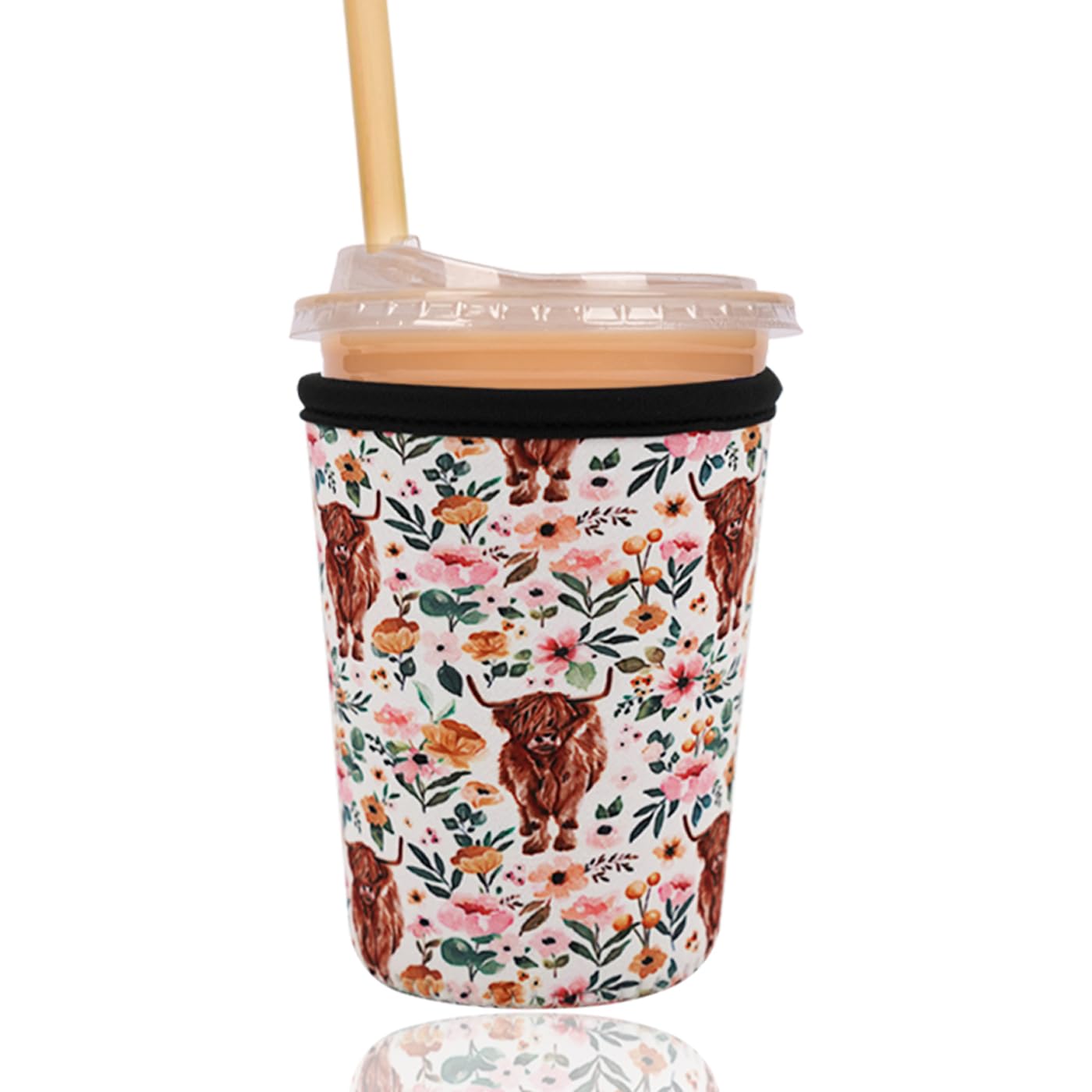 Reusable Insulated Sleeve for Iced Coffee Cup, Coffee Neoprene Sleeve for Cold &amp; Hot Drinks, Beverage Holder for Iced Coffee (Highland Bloom, Small: 16-18oz)