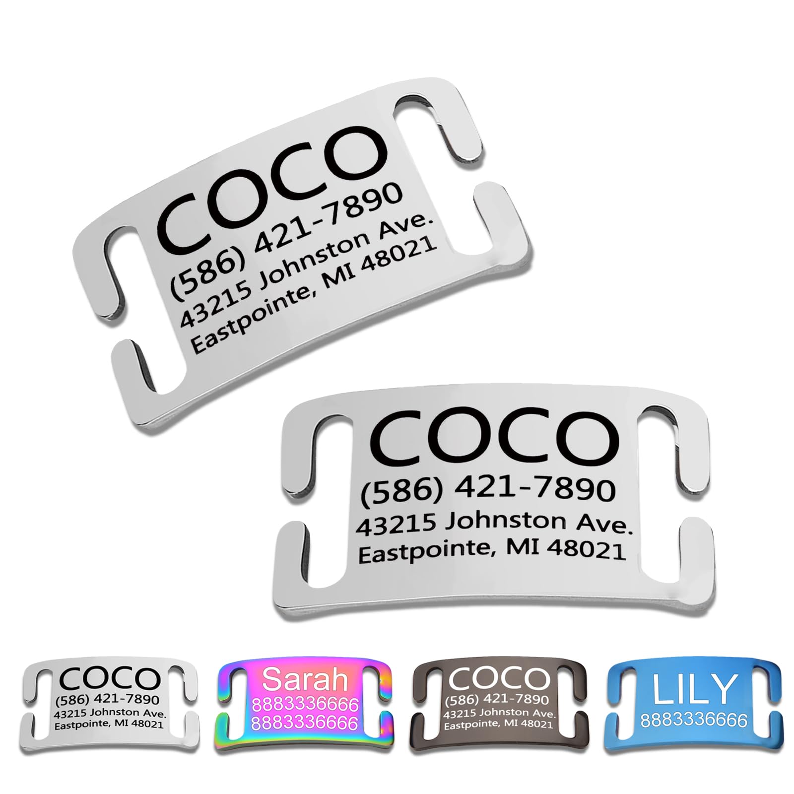 Slide-On Pet ID Tags,Personalized Engraved Dog and Cat Collar Tags,Durable Stainless Steel Boomerang Tags,No Noise,4 Sizes for Large and Small Pets,Curved Glossy Finish Silver,Christmas Gift,Open End