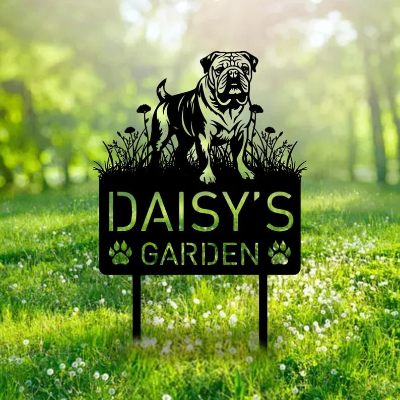 Personalised English Bulldog Dog Garden Sign, Custom Metal Name Sign, Bulldog Garden Ornaments, Pet Memorial Plaque, English Bulldog Gifts, Yard Decor, Dog Statue, Puppy Silhouette Outdoor Decor