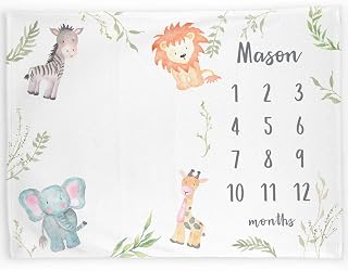 Lovable Gift Co Monthly Milestone Baby Blanket Personalized, Safari Animals