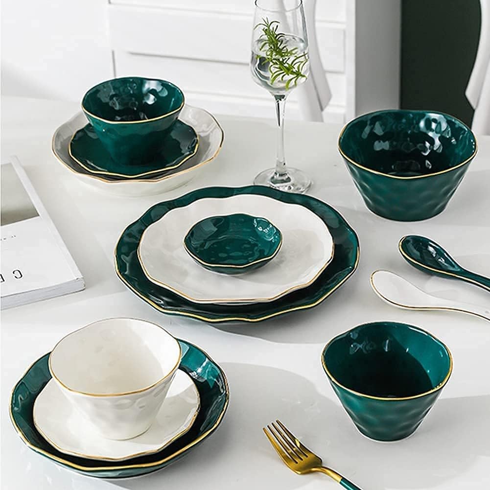 Zestaw zastawy stołowej z talerzami， miskami i talerzami， zielono-biały ceramiczny zestaw obiadowy ze złotem na imprezę lub wesele， 46-częściowy zestaw，