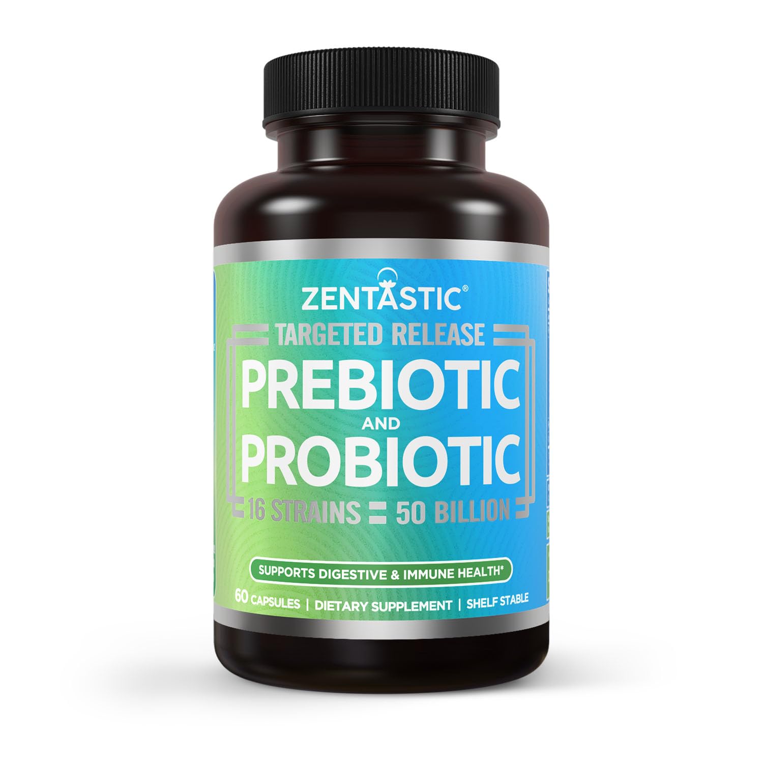 Zentastic Probiotics & Prebiotics Supplement - 50 Billion CFU - for Men & Women’s Immune & Digestive Health - 16 Strains - Shelf Stable - 60 Delayed Release Veggie Capsules