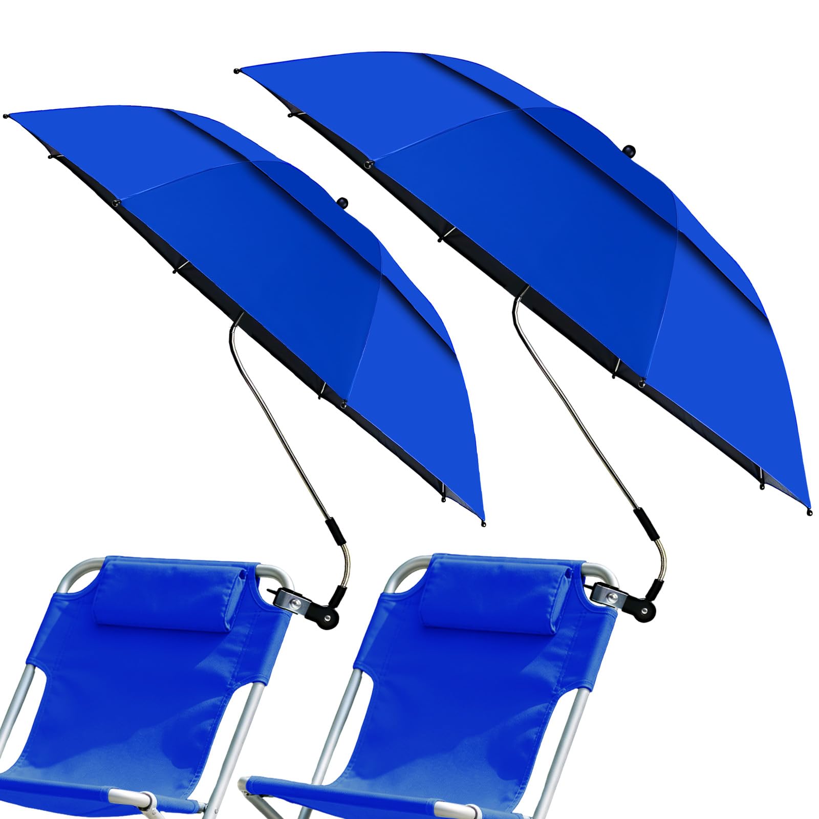 2 Pack Beach Chair Umbrella With Universal Clamp, 360° Adjustable Shade Umbrellas, UPF50+ Protection Sun Shade, Portable Parasol for Camping Chair, Patio Chair, Wheelchair, Golf Carts (No Chair)