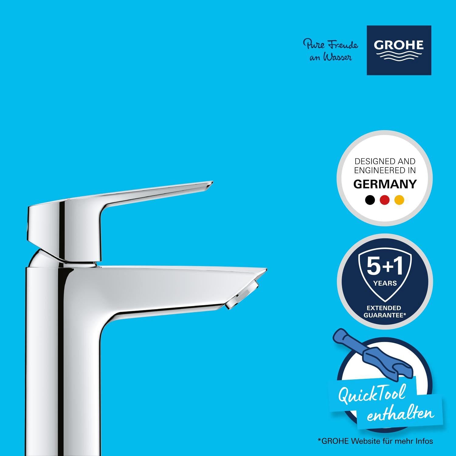 GROHE Start, energiesparende Waschtischarmatur, Kaltwasser in Mittelstellung (Wasserhahn für das Waschbecken im Bad, 17cm hoch, Badarmatur mit Pop-Up Ablauf, mit 3in1 Werkzeug), chrom, 23551002