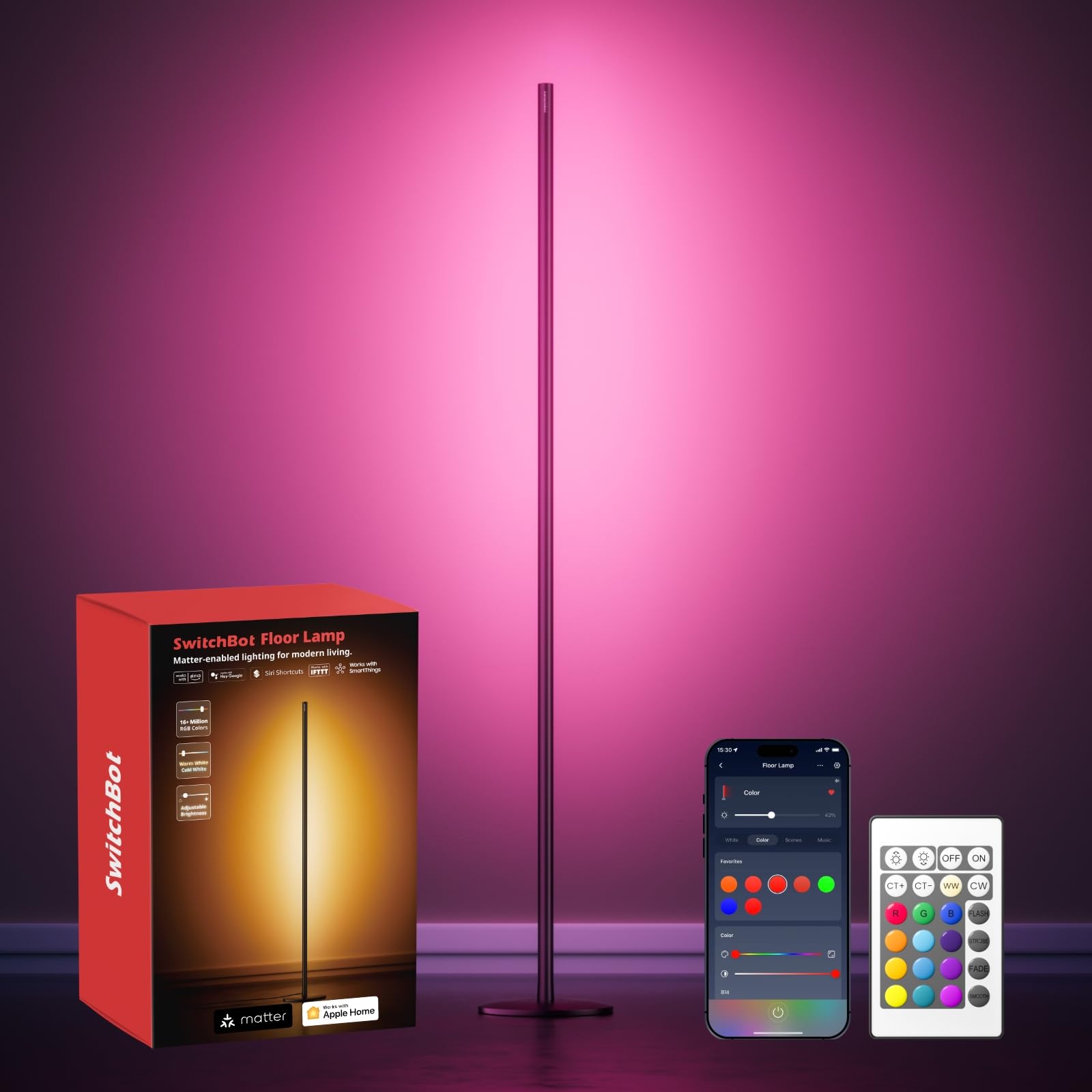 SwitchBot SwitchBot Matter LED Floor Lamp, RGBCCT Corner Lamp Work with Apple Home, Alexa, Google Home, APP & Remote Control, Warm & Cool White, Music Sync, Scene Modes, Black Standing Lamp for Living Room