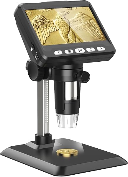 Digital Microscope, 4.3 Inch Coin Microscope 1000X, 1080P Compound,Coin Magnifier with 8 Adjustable LED Light, PC View-Microscopy Black - 1