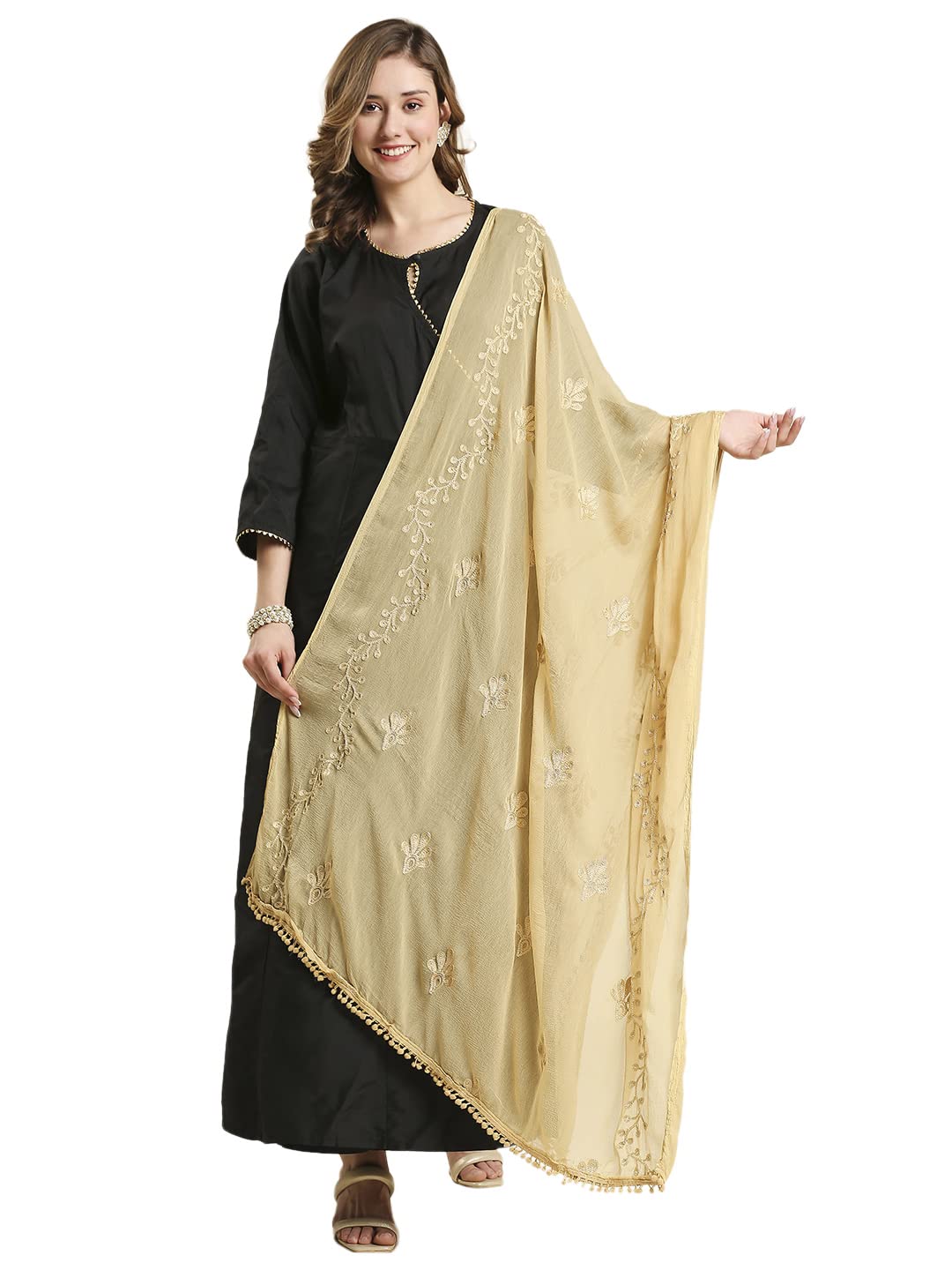dupatta bazaar Women's Embroidered Beige Chiffon Dupatta with Pom Pom lace-picture-37