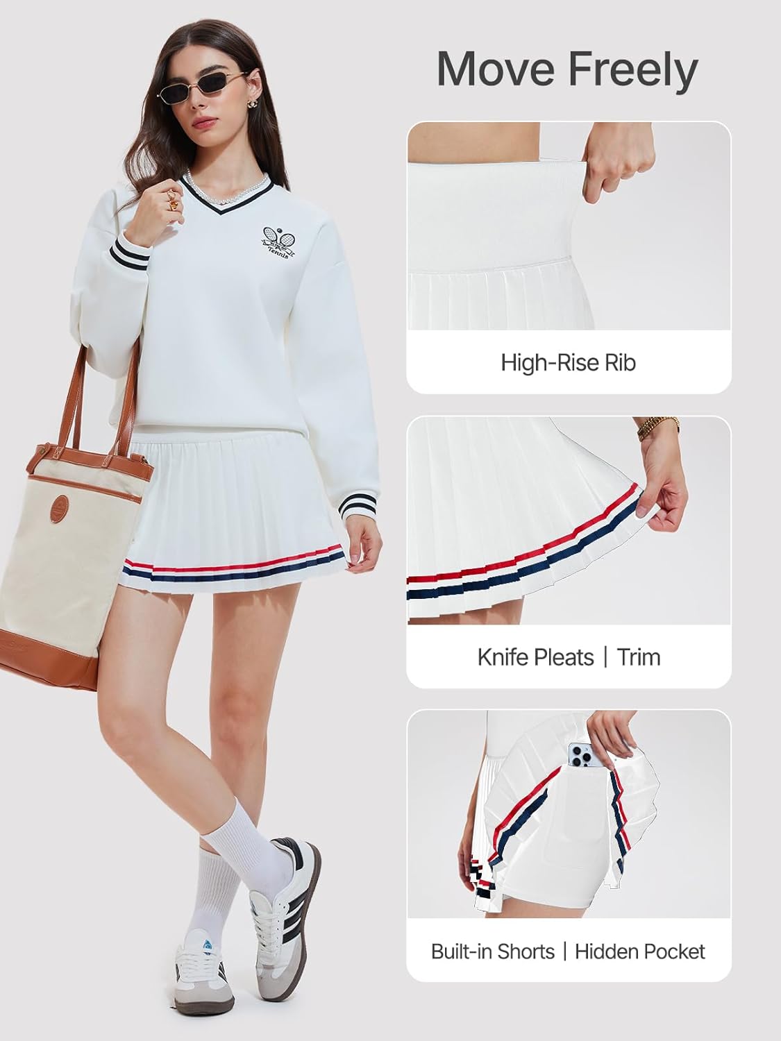 Women's Long Sleeve Tennis Skirt Set 2 Piece Golf Outfit, V-Neck Sweater & Skort with Pockets, Preppy Pickleball Sport Suits - Image 4