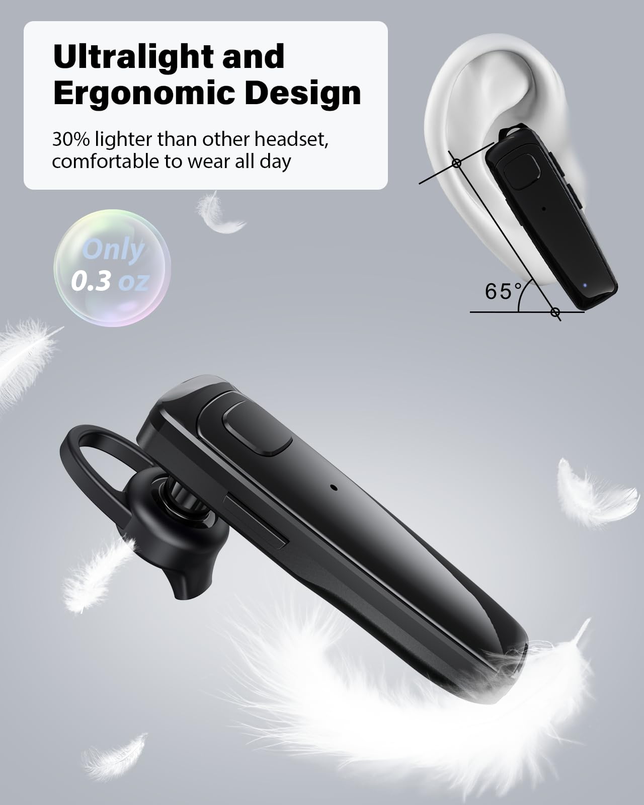 Auriculares Bluetooth, auriculares de negocios de una sola oreja, auriculares manos libres V5.3 con gancho, auriculares inalámbricos de 16 horas de conversación, auriculares Bluetooth con micrófono