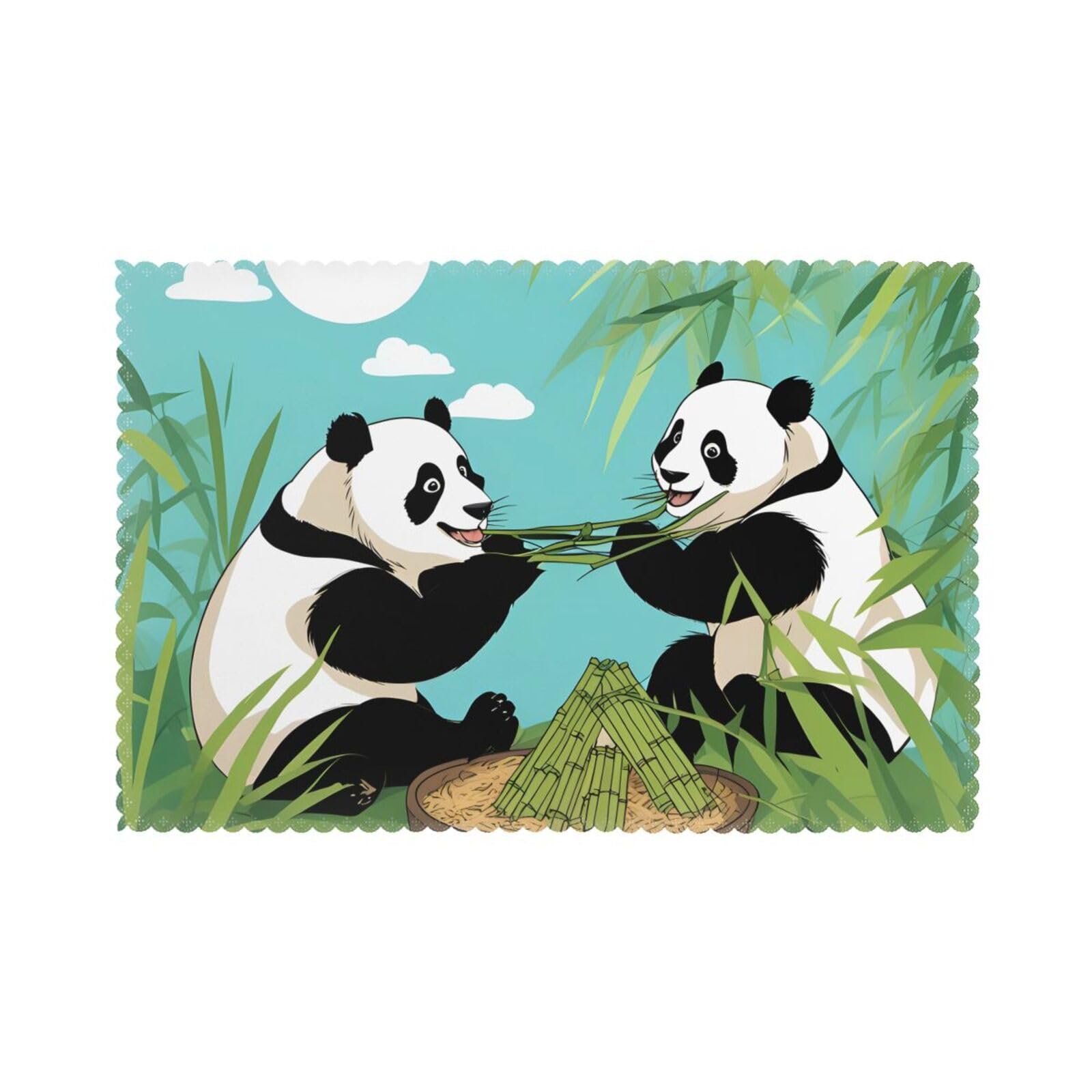 Two cute big pandas Placemat set of 6, oil-proof and insulated dining table placemats, washable and wipeable.