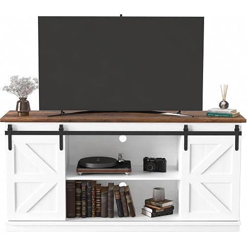 JUMMICO TV Stand for 65 Inch TV, Sliding Barn Doors, White