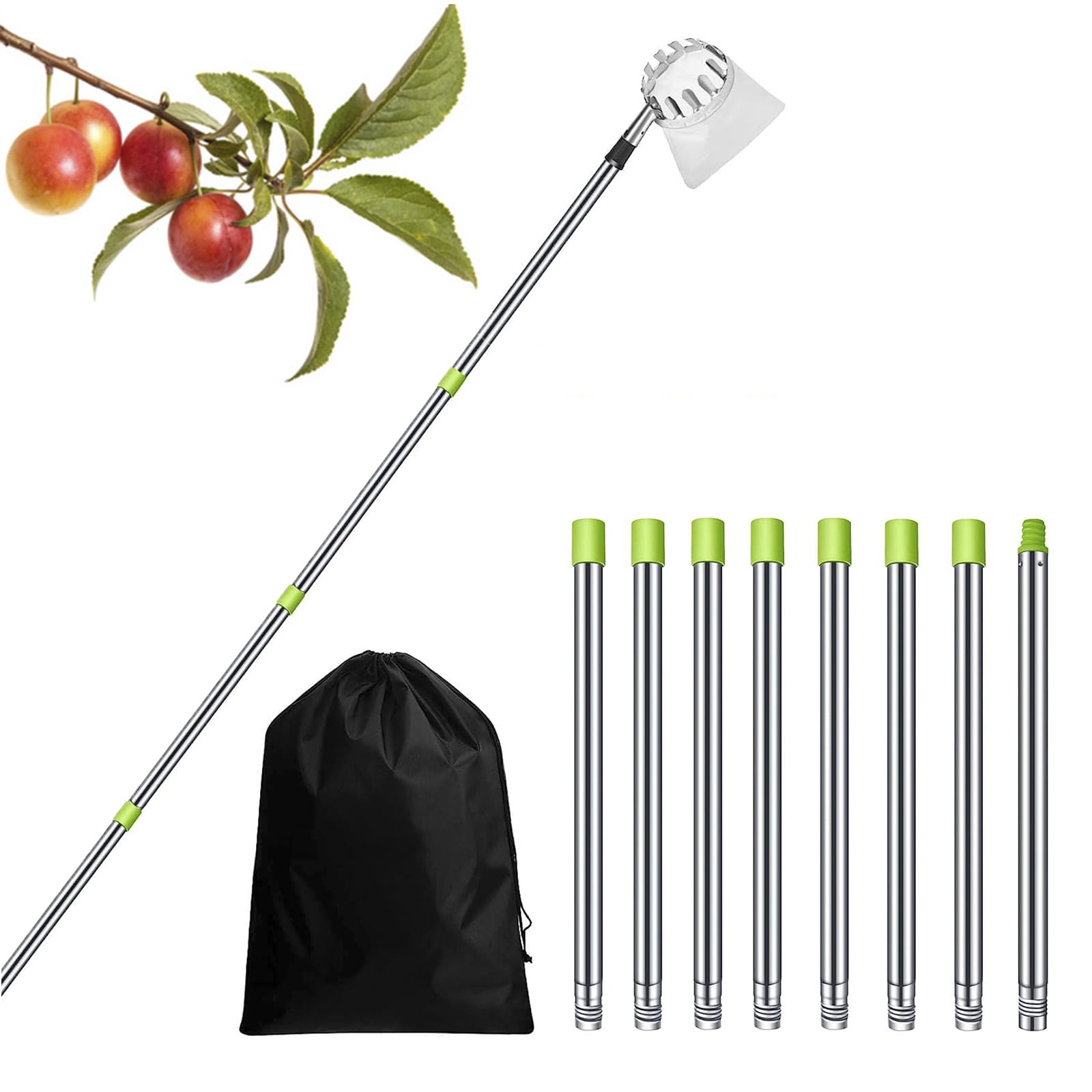Strumento per raccogliere la frutta, raccoglitore di frutta regolabile in altezza da 3,2 m/10,5 piedi con pali di prolunga in acciaio inossidabile, raccoglitore di frutta leggero per mele, avocado,