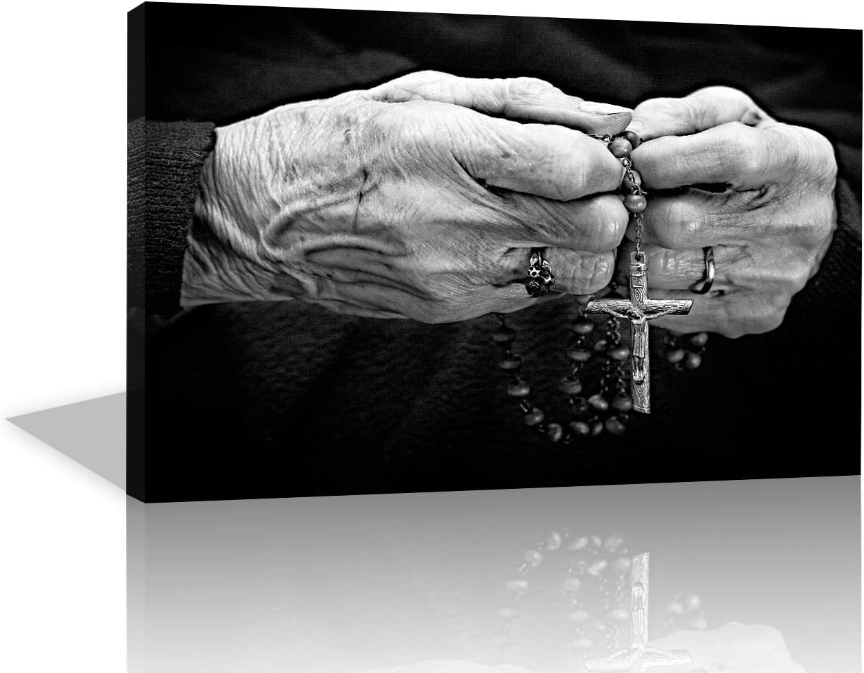 TUMOVO Black and White Painting Wall Art Old Woman Hands with a Rosary Canvas Artwork Pictures Beads Sadness Crucifix Home Decor for Living Room Modern Framed Gallery Wrapped Ready to Hang(20”X40”)