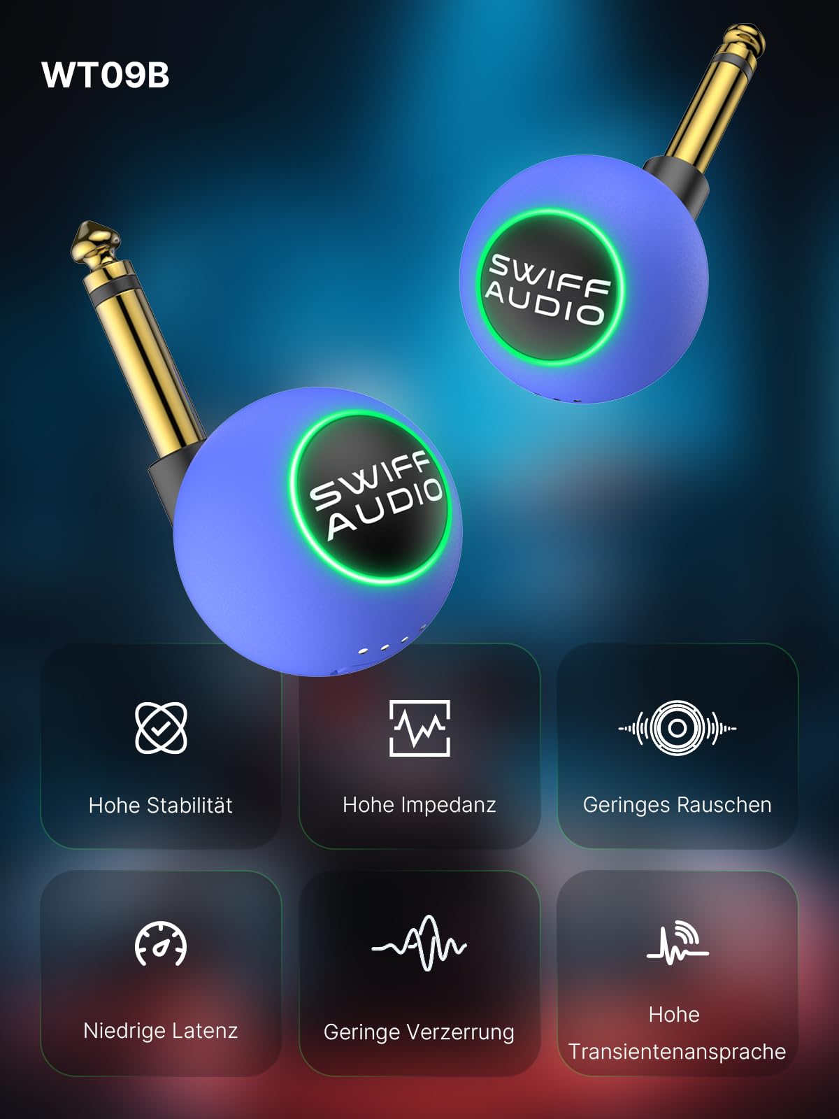 WT09B Funk-Gitarrensystem, Sender & Empfänger, 6 Kanäle mit Auto-Umschaltung, 5,8 GHz, <5,5 ms Latenz, 60 m Reichweite, 1 MΩ HiFi-Eingang, RGB-Anzeige, 4 Std. Laufzeit, Profi-Reiseset, Blau