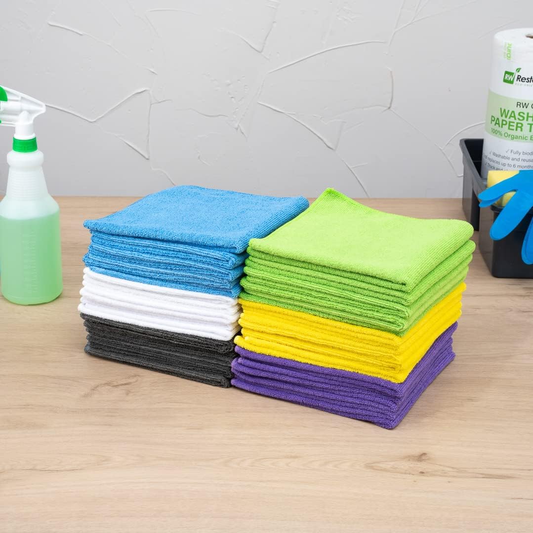 Restaurantware Clean Tek Professional 16 x 16 Inch Cleaning Cloths 60 Lint Free Microfiber Towels - Highly Absorbent Non Abrasive 6 Colors Microfiber Cleaning Rags Reusable For All Purpose Use