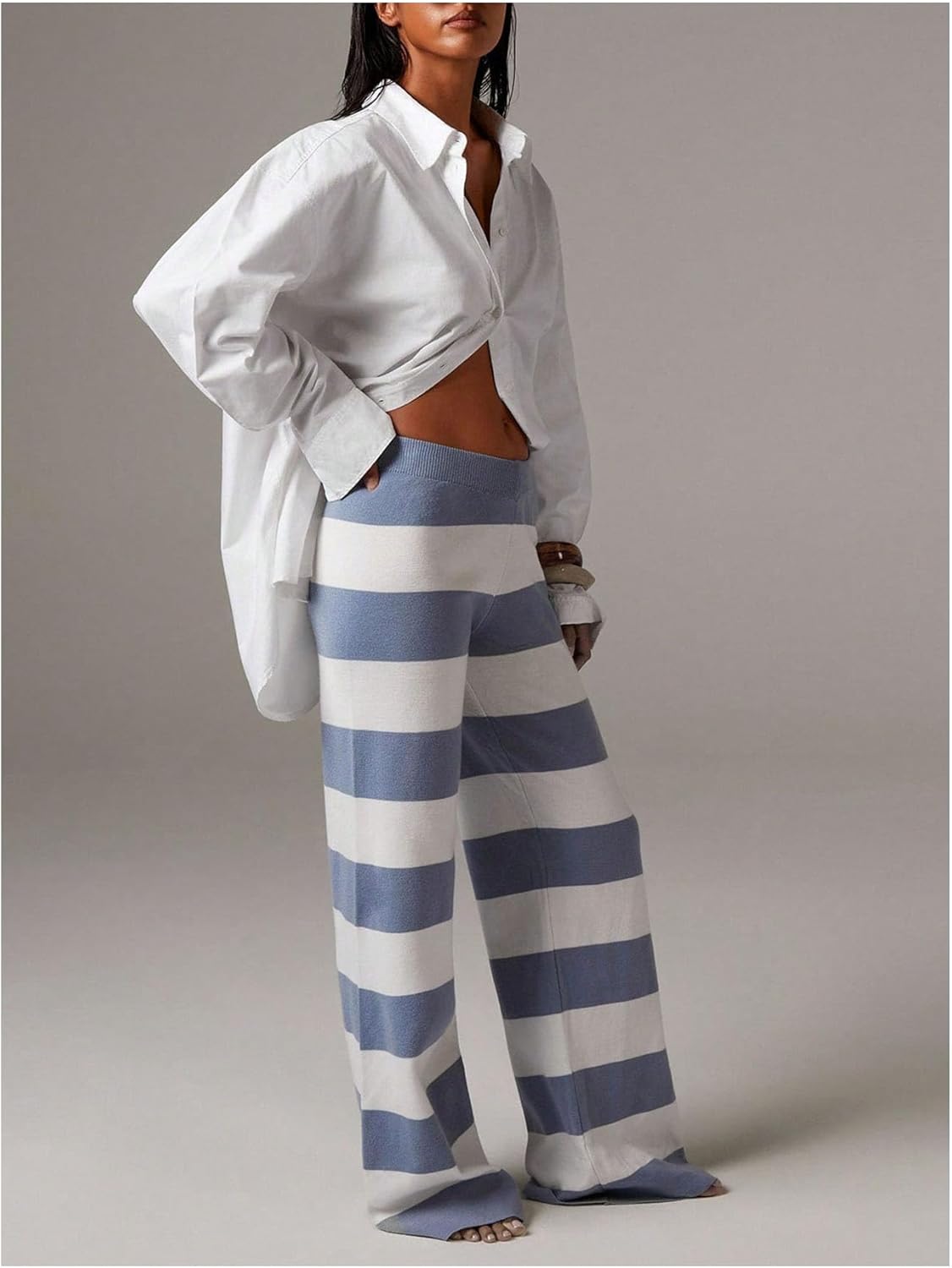 Milumia Women's Colorblock Striped Wide Leg Lounge Pants Elastic Low Waist Casual Long Trousers - Image 2