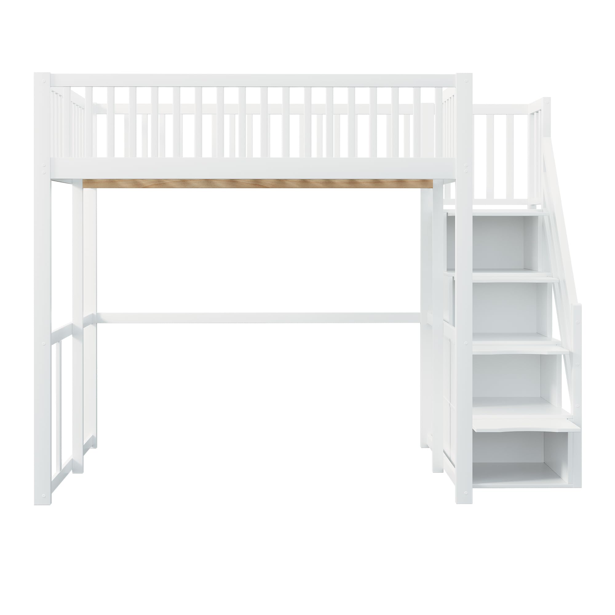 Soweiz Letto a soppalco con scala di sicurezza con vano portaoggetti, bordo di sicurezza, telaio in pino massiccio, adatto per bambini, adolescenti e adulti, 140 x 200 cm (bianco)