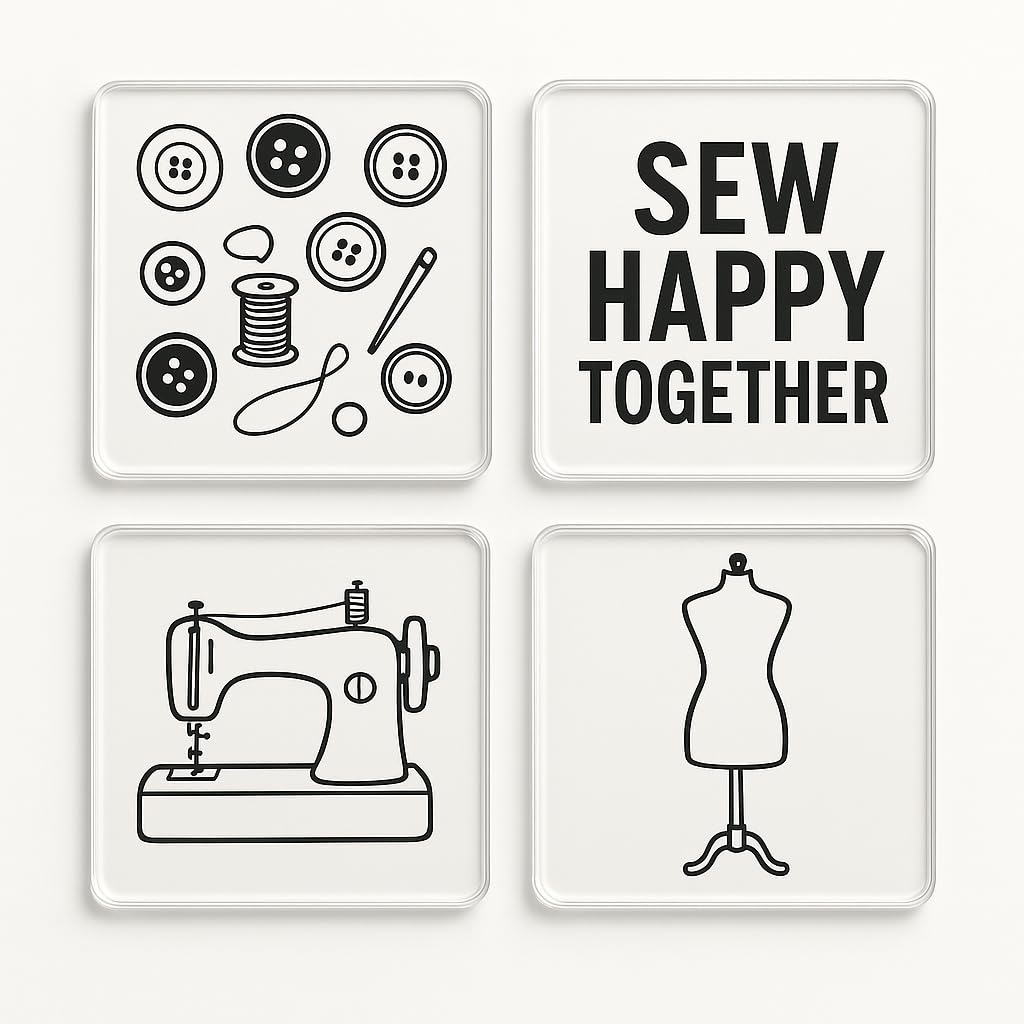 The Plum Penguin Stitch & Style Acrylic Coaster Gift Set Of 4 - Vintage Sewing Theme - Charming Drinkware For Sewing Enthusiasts Home Décor