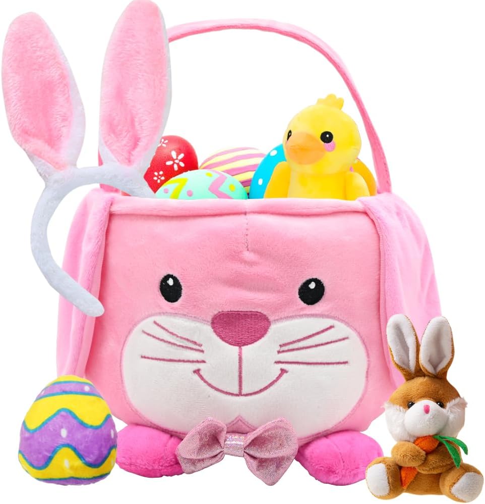 UMEELR Fluffy Bunny Easter Basket for Kids, Cute Basket Playset with Stuffed Plush Duck Keychains, Easter Gifts, Eggs Hunting Party Favor Supplies