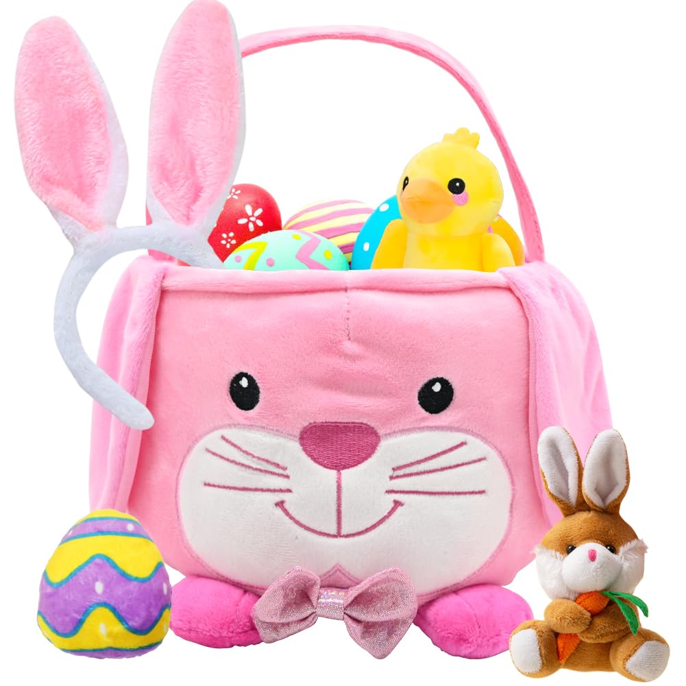 UMEELR Fluffy Bunny Easter Basket for Kids, Cute Basket Playset with Stuffed Plush Duck Keychains, Easter Gifts, Eggs Hunting Party Favor Supplies