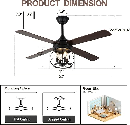Miniatura 5 de Ventilador de techo de granja de 52 pulgadas con luz y control remoto Ventilador de techo industrial silencioso y reversible con motor DC Ventilador