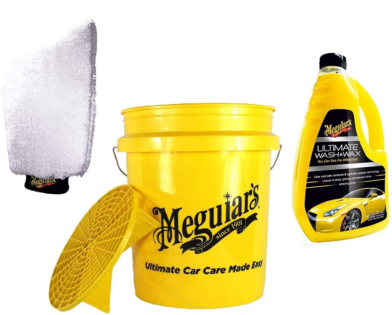Meguiar's MEGUIARS praktyczny zestaw do mycia samochodu! wiadro GRIT Guard 18,9 l + AUTOSHAMPOO G17748EU szampon Ultimate Wash & Wax 1420 ml + rękawica do mycia E102EU Ultimate WASH MITT